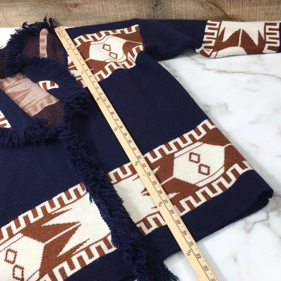 Cocogio Blue Brown Knit Aztec Cardigan Sweater Womens‎ Small Fringe Open Front - Picture 12 of 12